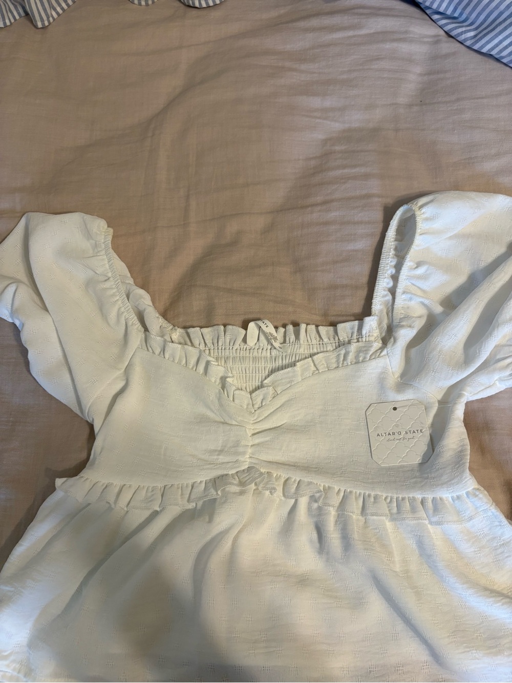 Altar'd State White Smocked Ruffle Babydoll Top